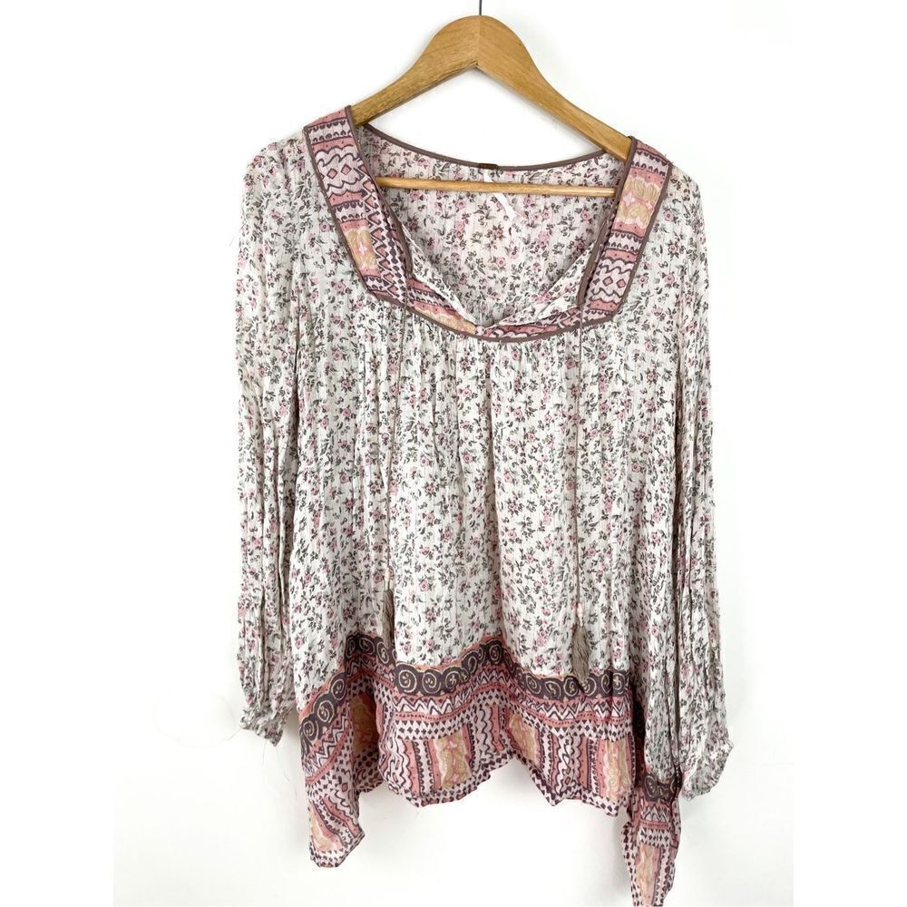 Free People Dream Lover Tunic Boho Peasant Tassel Long Sleeve Blouse with Floral - Picture 2 of 16